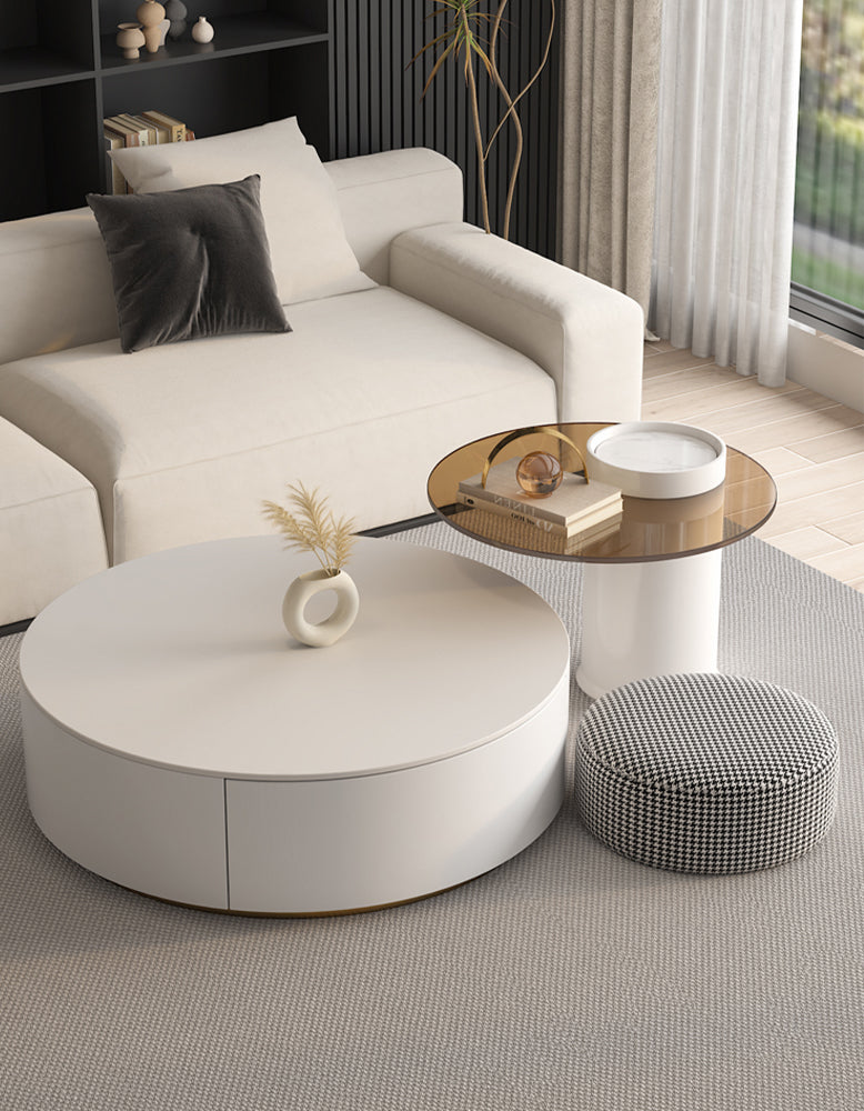 Riviera Round Nesting Coffee Table Set With Seat Pad, White| DC Concept