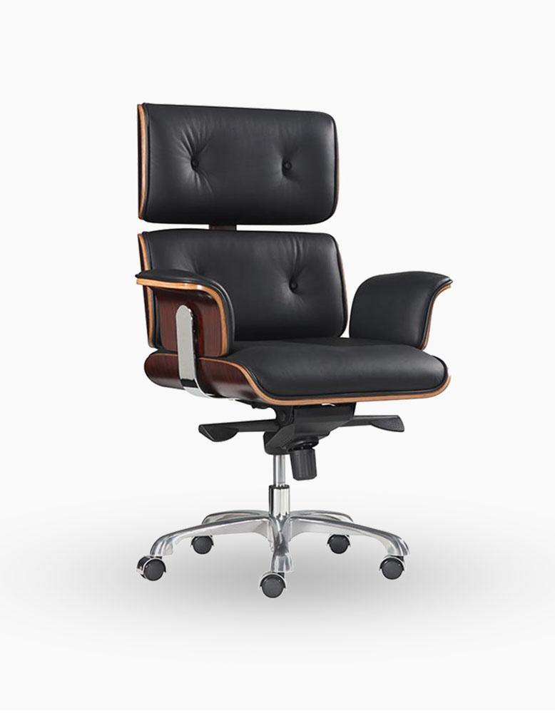 Classical EM High Back Office Chair, Black Premium Leather/ Walnut| DC Concept