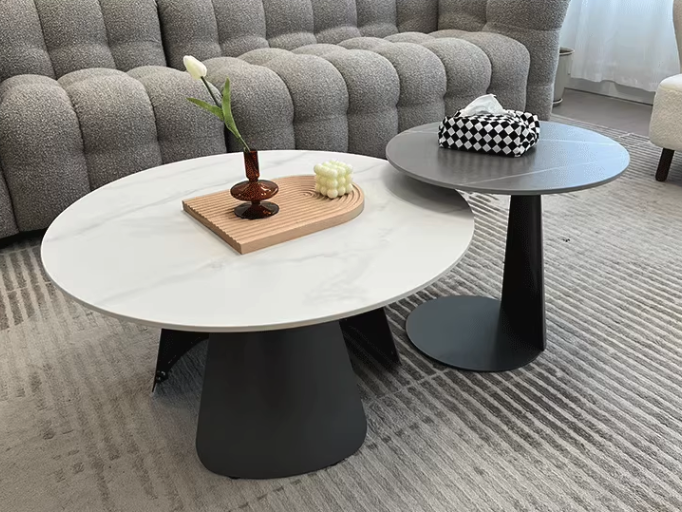Leonor Nesting Coffee Table, Black And White Stone Top With Solid Wood Base| DC Concept