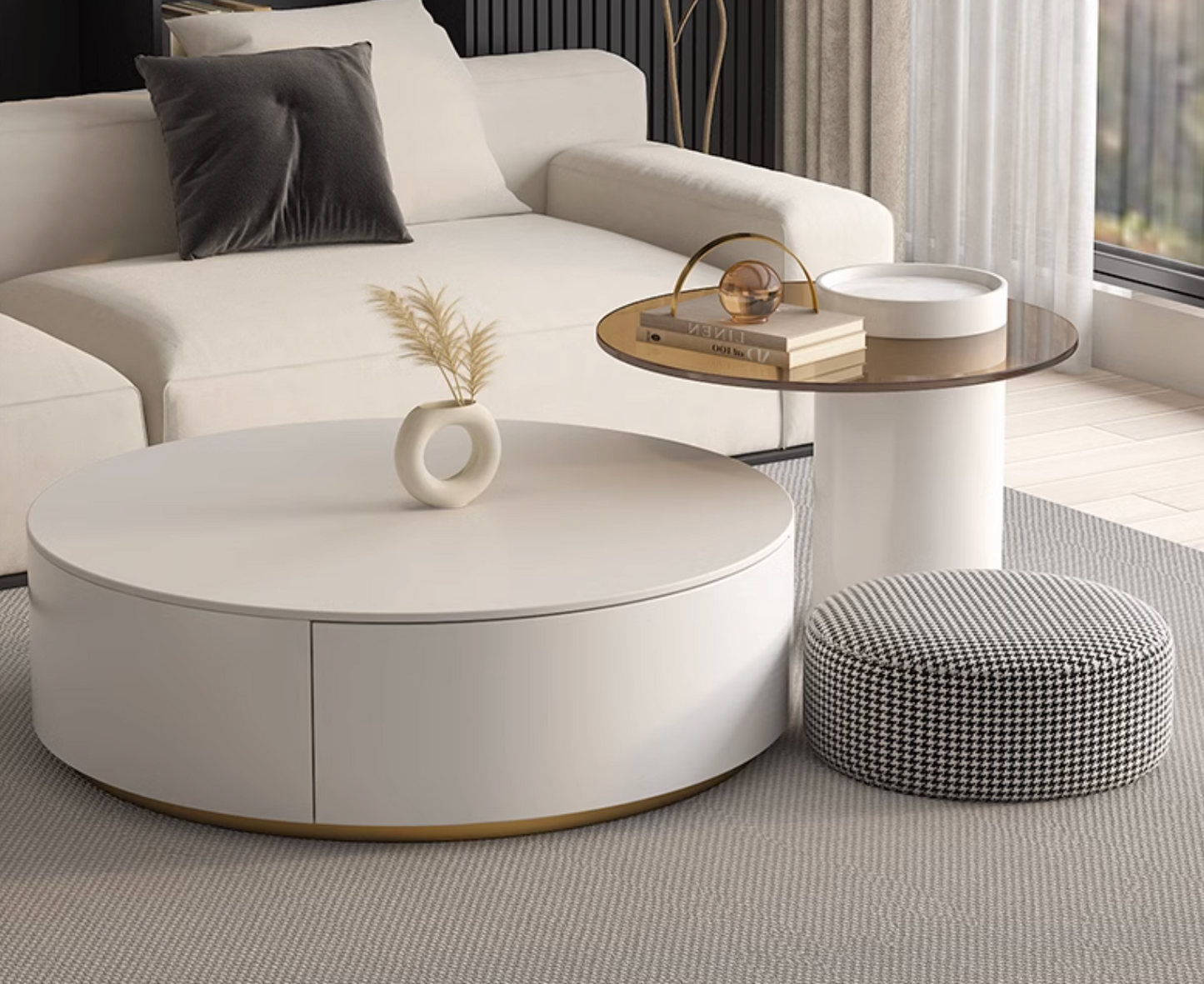 Riviera Round Nesting Coffee Table Set With Seat Pad, White| DC Concept