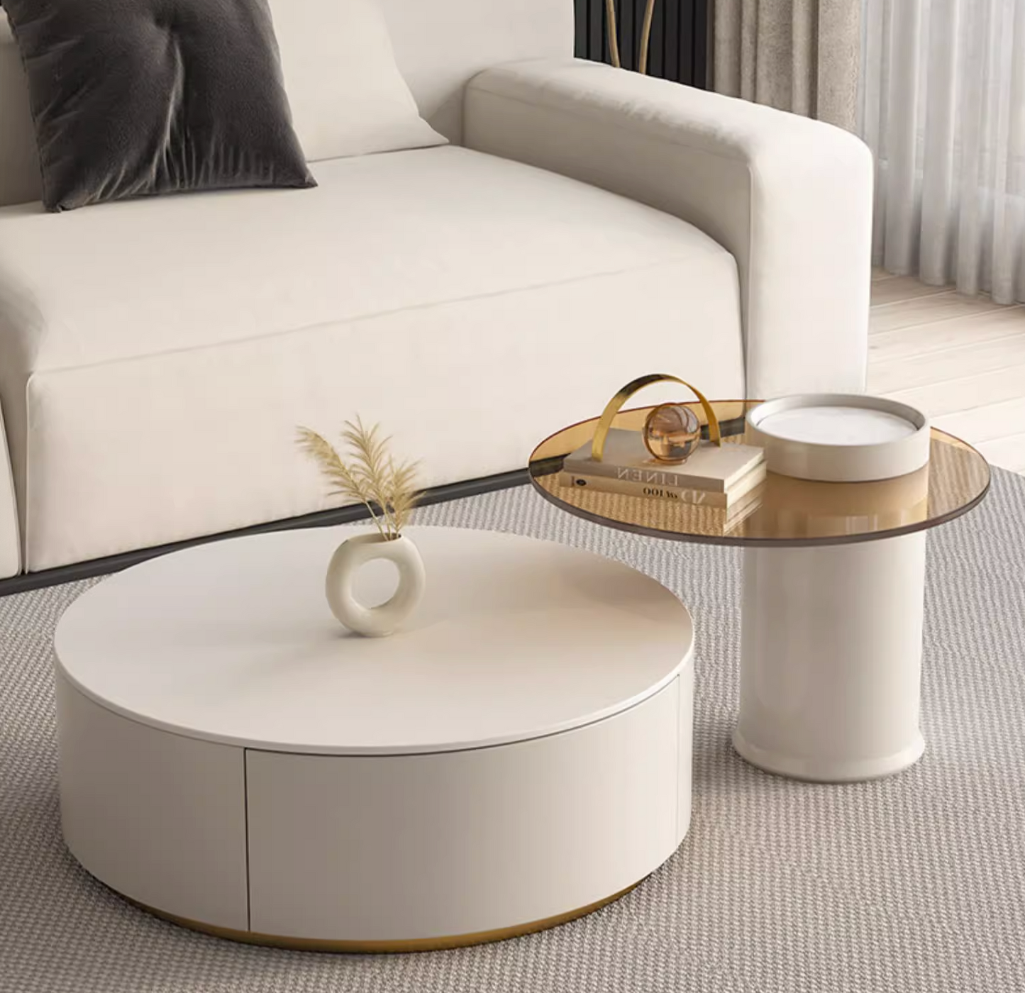 Riviera Round Nesting Coffee Table Set With Seat Pad, White| DC Concept