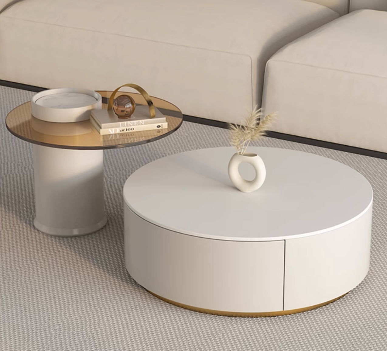 Riviera Round Nesting Coffee Table Set With Seat Pad, White| DC Concept