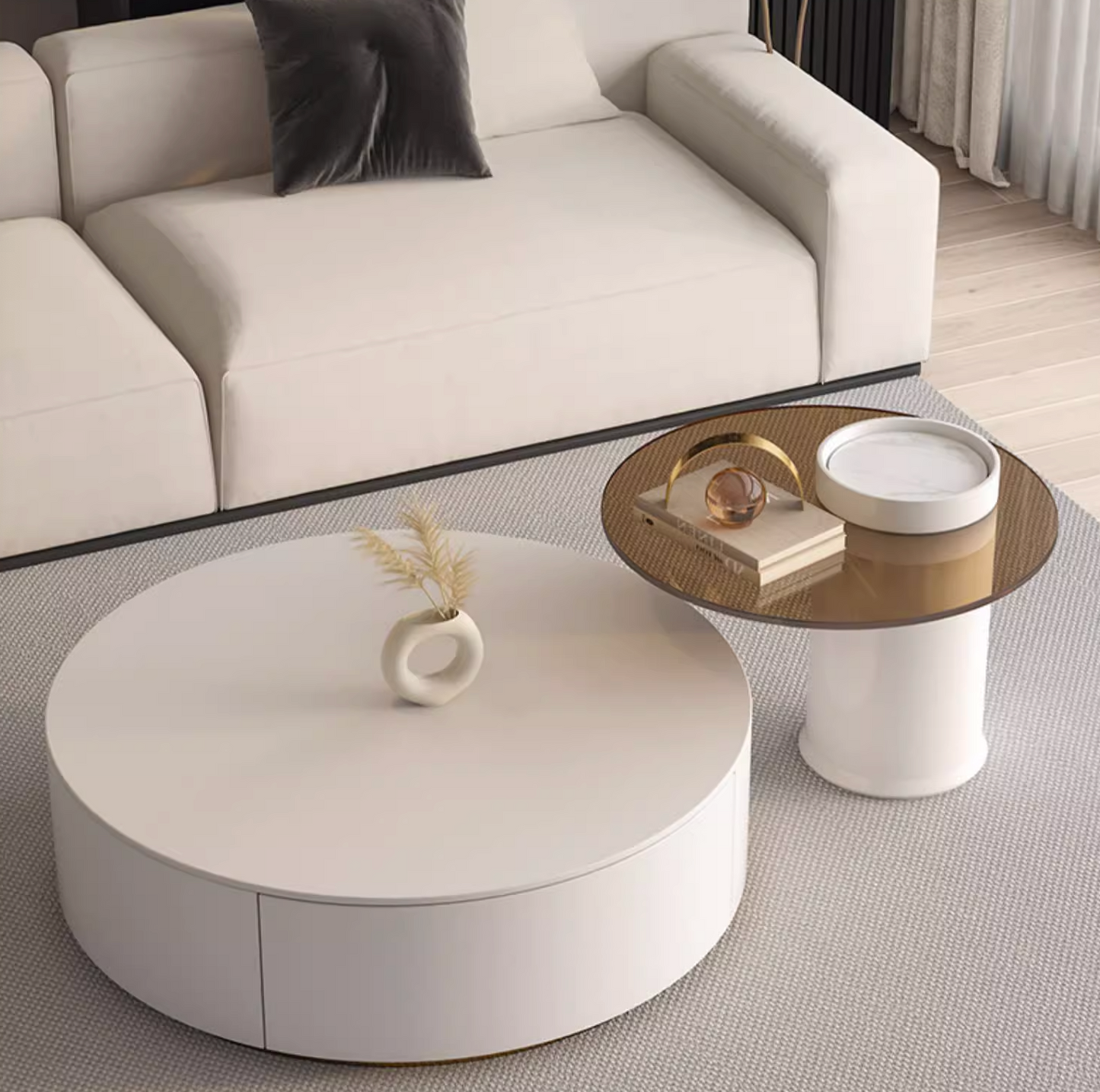 Riviera Round Nesting Coffee Table Set With Seat Pad, White| DC Concept