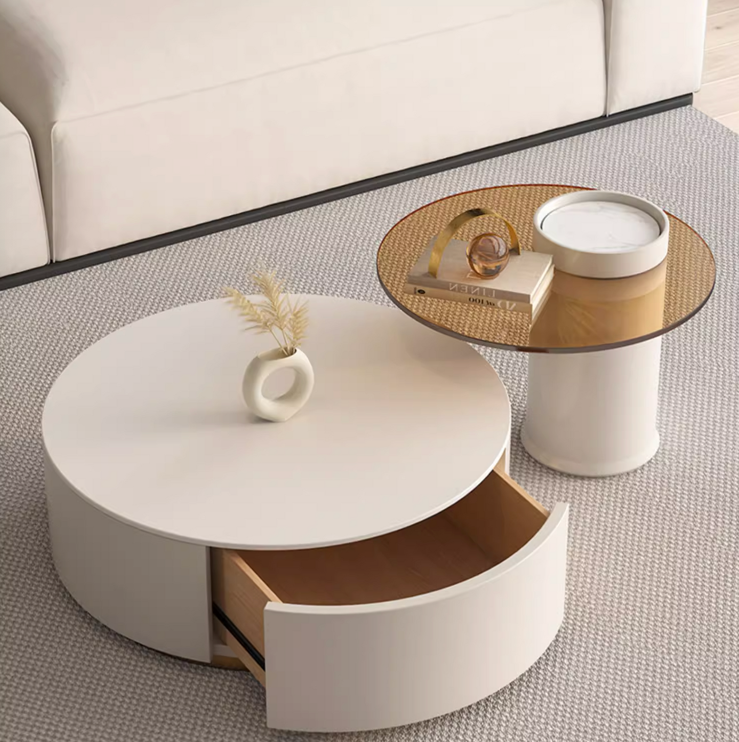 Riviera Round Nesting Coffee Table Set With Seat Pad, White| DC Concept