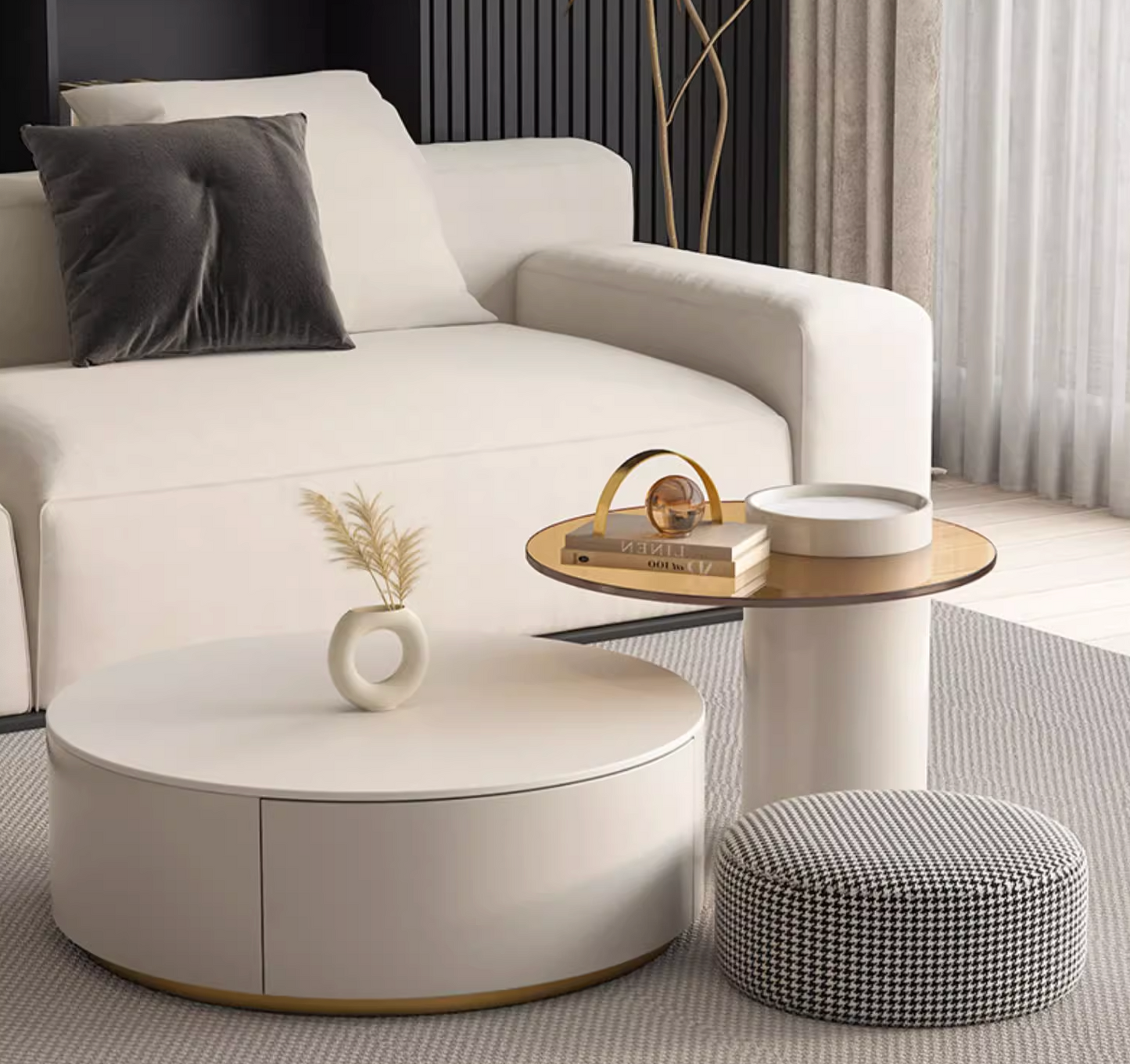 Riviera Round Nesting Coffee Table Set With Seat Pad, White| DC Concept