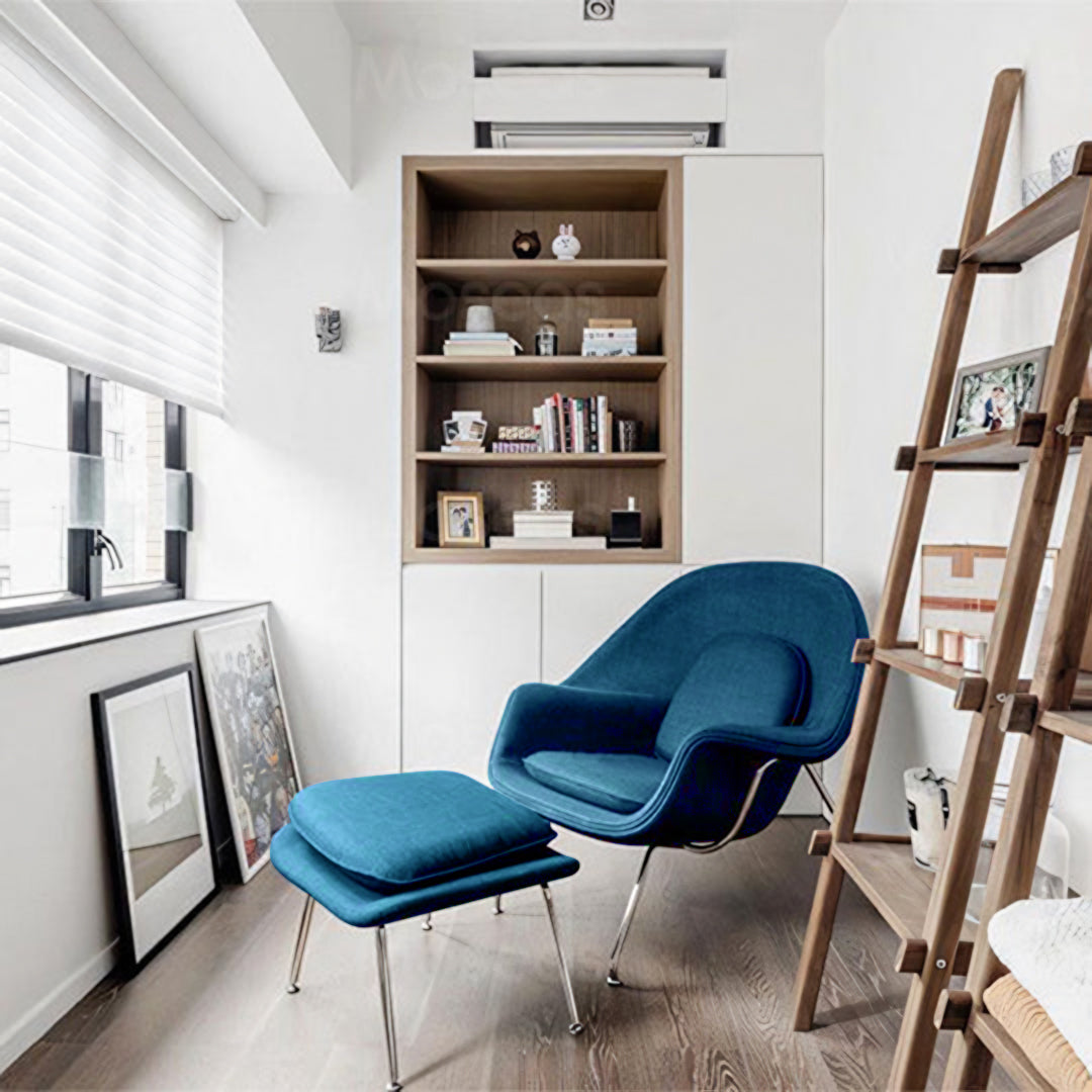 Womb Style Chair & Ottoman In Premium Velvet or Linen, Dark Blue