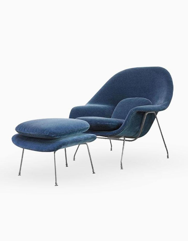 Womb Style Chair & Ottoman In Premium Velvet or Cashmere, Dark Blue| DC Concept