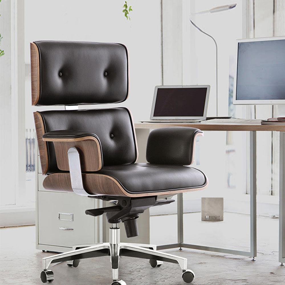 Classical EM High Back Office Chair, Black Premium Leather/ Walnut| DC Concept