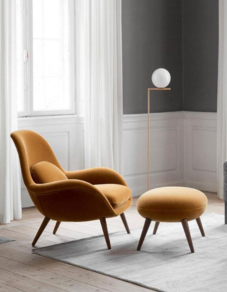 Swoon Lounge Petit Armchair And Stool, Blue Velvet, Wood Leg| DC Concept