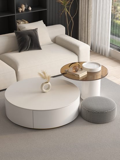 Riviera Round Nesting Coffee Table Set With Seat Pad, White｜ DC Concept