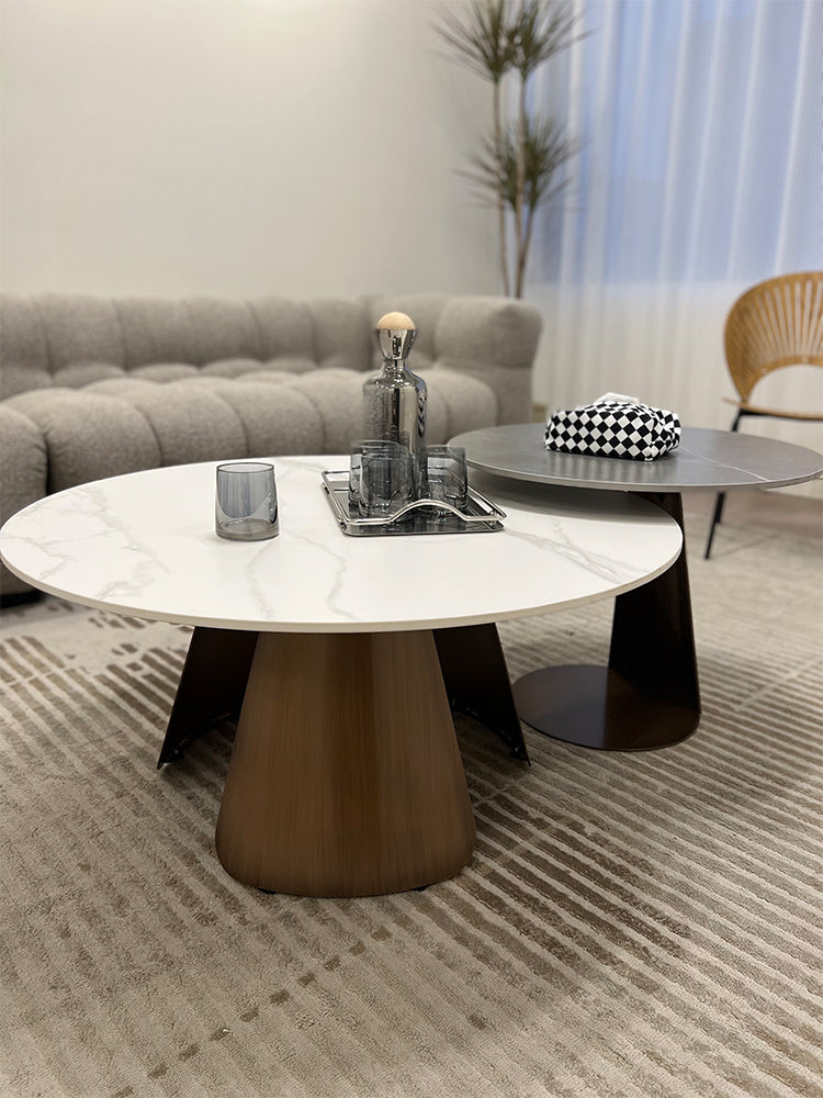Leonor Nesting Coffee Table, Black And White Stone Top With Solid Wood Base｜ DC Concept