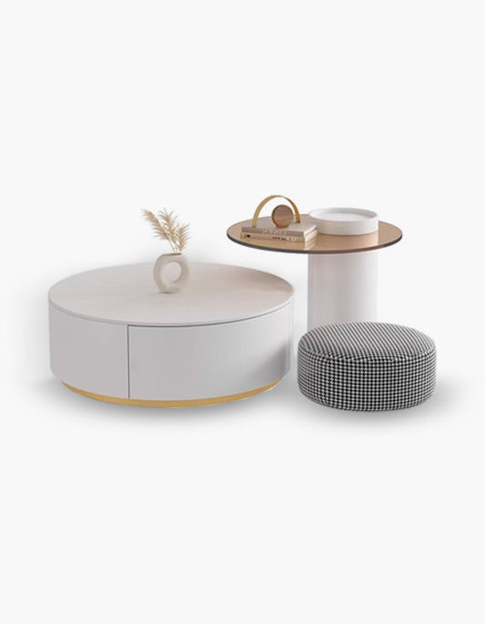 Riviera Round Nesting Coffee Table Set With Seat Pad, White｜ DC Concept
