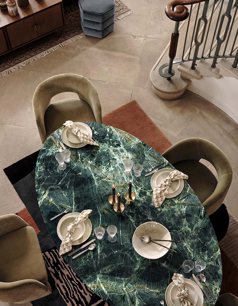 Murcell Oval Dining Table, Lara Green Marble