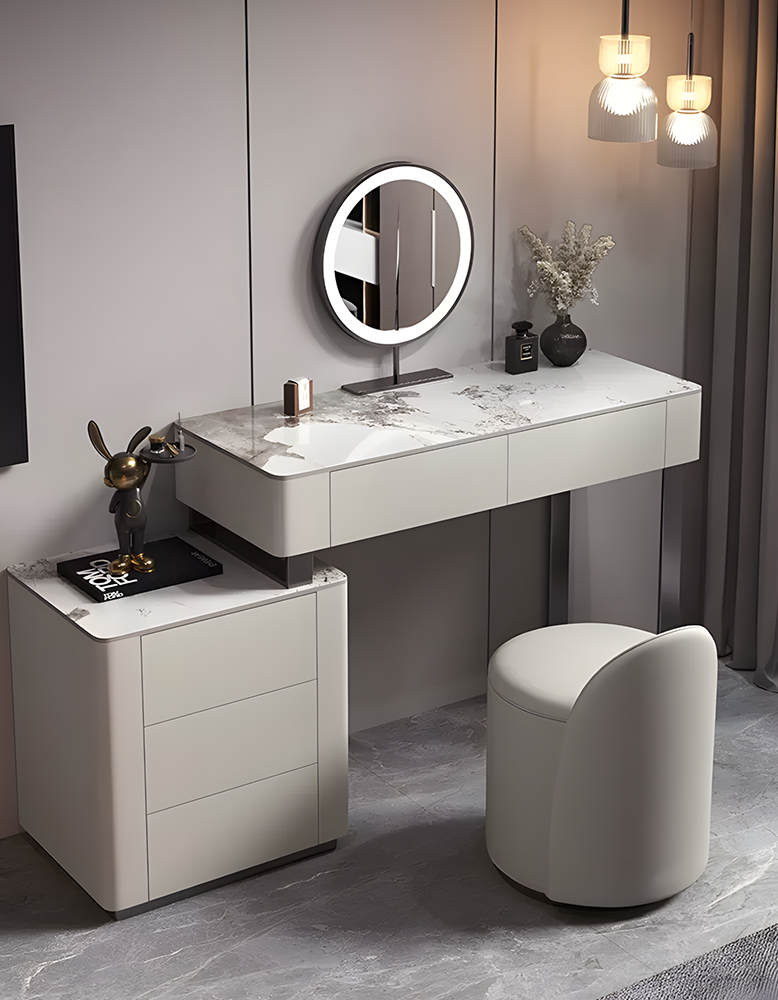 Paulina Modern Dressing Table With Drawers & LED Light, Solid Wood