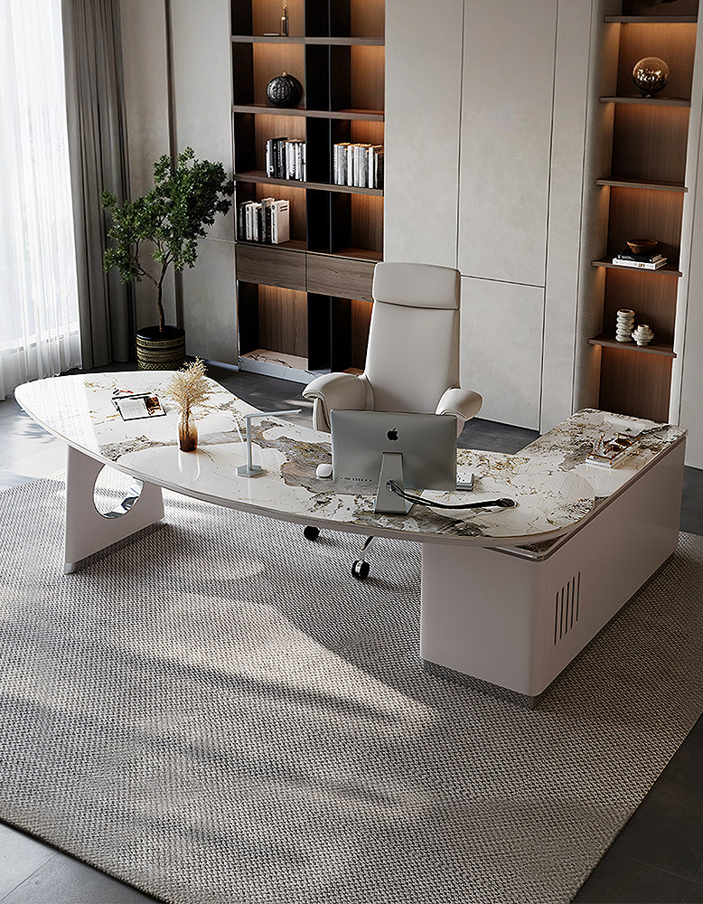 Coelho Corner Office Desk With Storage, Sintered Stone