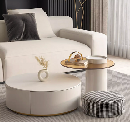 Riviera Round Nesting Coffee Table Set With Seat Pad, White｜ DC Concept