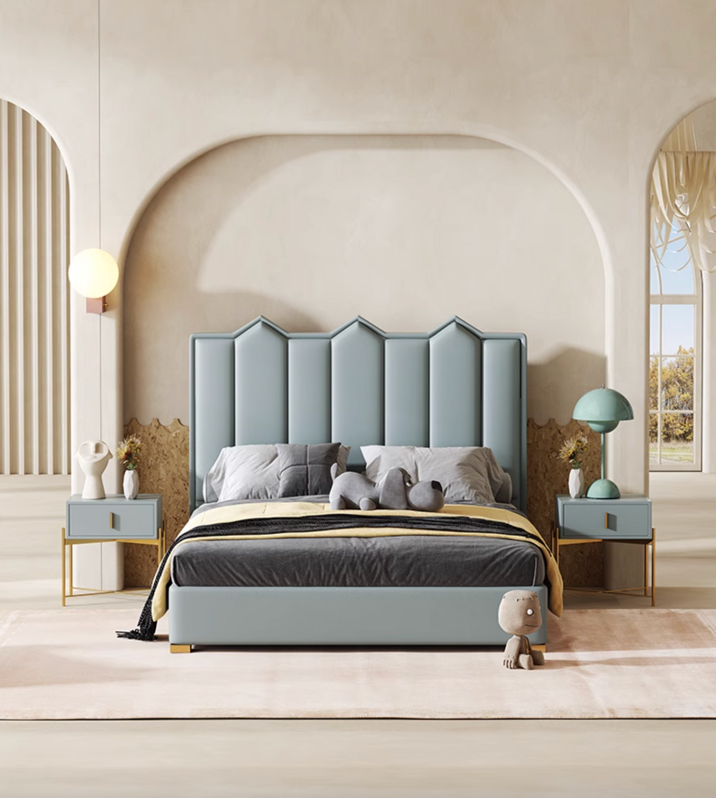 Baez King Size / Super King Size Bed, Leather/Velvet