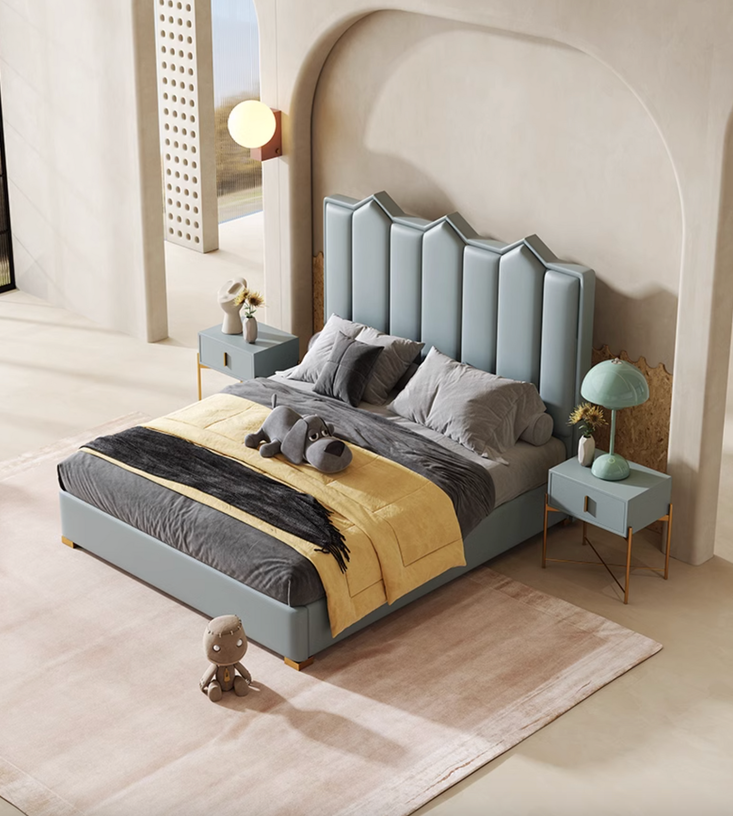 Baez King Size / Super King Size Bed, Leather/Velvet