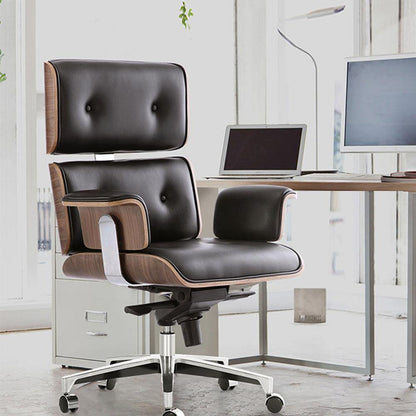 Classical EM High Back Office Chair, Black Premium Leather/ Walnut｜ DC Concept